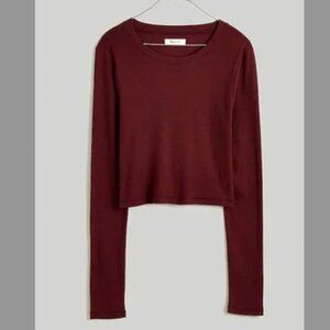 Madewell Fine Ribbed Supercrop Crewneck Long-Sleeve Tee in Maroon